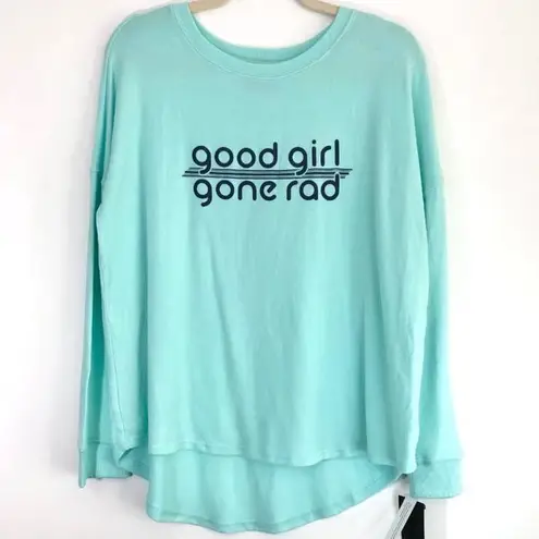Free Press New Good Girl Gone Rad Graphic Print Knit Pullover Teal Splash