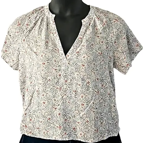 Melrose and Market Split Neck Top - Size Small, Blue Scrambled Floral and White