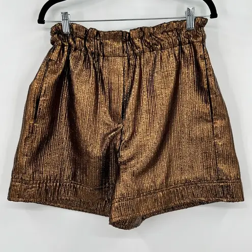 NUDE High Waist Shorts Foil Metallic Paperbag Boxer Style Pockets Gold Black 8