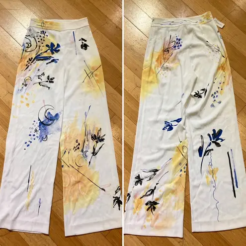 Babaton NWT Lincoln high waist rise wide leg pant white yellow blue abstract 4