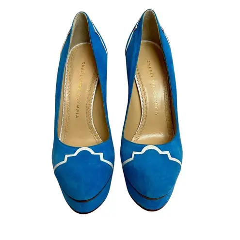 Charlotte Olympia Pumps Womens 37 Blue Suede DOLLY Platform Heels shoes $995