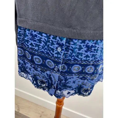 Hale Bob Women Blue Silk Black Knit Top Blue Floral Sheer Beaded Front Size Med