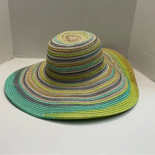 Panama Jack Hat Sun Straw Paper Wide Brim Beach Travel Striped Green Yellow Grey