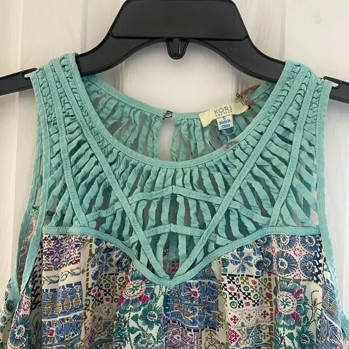 Kori America Aqua Patchwork Boho Sleeveless Dress NWOT