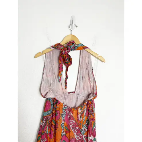Sundress Amina Dress Size Large Fuchsia orange Print Halter Neck Asymmetric Hem
