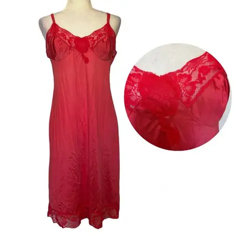 Vtg Kayser Full Slip Dress Sz 38 Bust Lace Coquette Babydoll USA 60s Y2K Pinup Red Size L