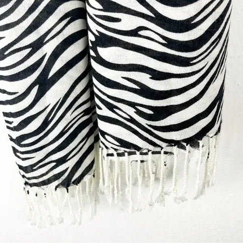 Soft Black White Zebra Print Fringe Trim Blanket Shawl Scarf Wrap, One Size - Image 4