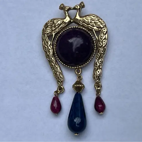 Art Deco Vintage Regal Gold Colored Kissing Peacock Birds Dangle Brooch Pin