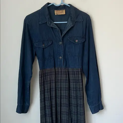 90s Studio Ease Cottagecore Vintage Denim Plaid Maxi Dress Long Sleeve Sz 10 Blue