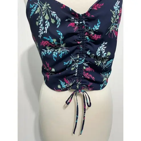 Likely Alias Floral Print Ruched Crop Top Tank Top Cerulean Blue Detail Large