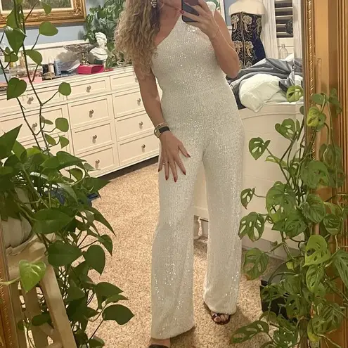 Nookie Treasure White Sequin One Shoulder Cocktail Jumpsuit Medium