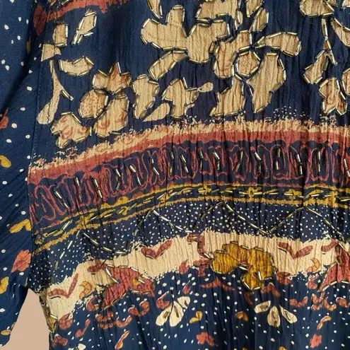 Jane Ashley Vintage Boho Floral Crinkle Cut Oversized Button Up Short Sleeve /