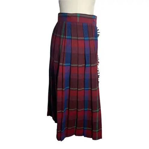 Buttons Vintage Pleated Wool Wrap Skirt S Red Plaid Mid Fringe Hem School Girl