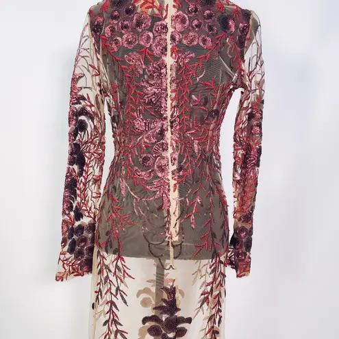 One Monarchy Long Sleeve Embroidered Sequin Sheer Midi Dress Size Small Red