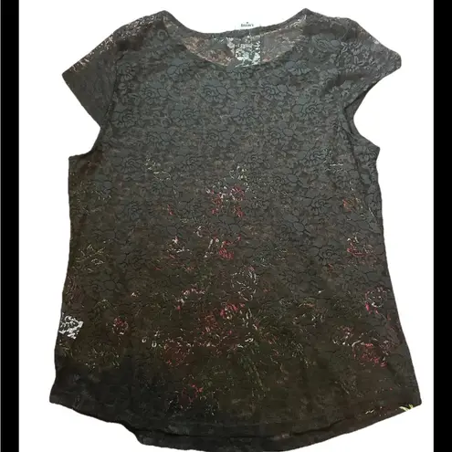 NWT Harlow & Rose Medium embroidered lace top sheer flowers Black