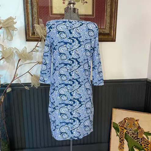 Gretchen Scott Magpie Plentiful Blue Paisley Boat Neck Dress Sz 0/2 Shrimp 💚🎀