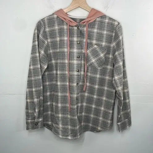 Apricot Lane Flannel Plaid Long Sleeve Front Button Closure With Hood Shirt Gray Small Cotton