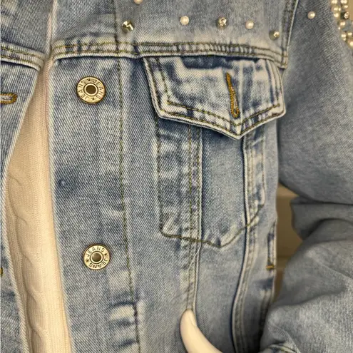 Personalized Pearl Studded Denim Jacket Size Large. Blue