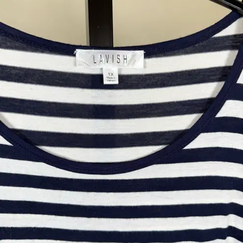 Lavish Plus Size Striped Ruffle Navy White Nautical Cottagecore Feminine Eyelet Coastal