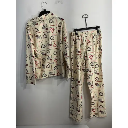 Womans Cozee Corner 2 Pc Pajama Set Small Petite Beige Multicolor Graphics Red Size undefined