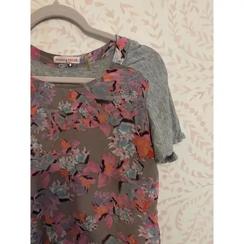 Rebecca Taylor Floral Print 100% Silk Short Sleeve Top