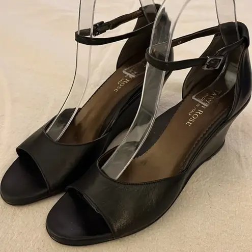 Taryn Rose  Black Italian Leather Peep Toe Wedge Heels Ankle Strap‎ Size 3…