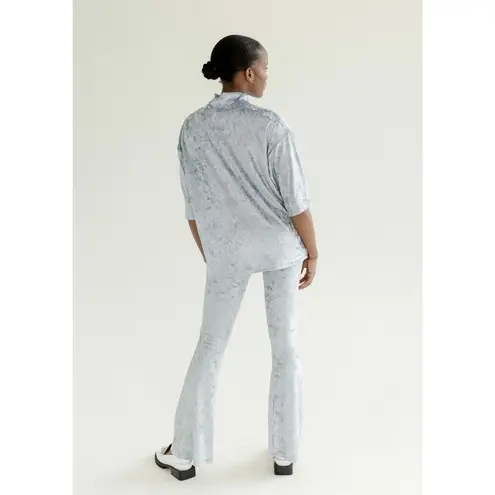 NEW Et Tigre Kenji Silver Metallic Velvet Velour Short Sleeve Mock Neck Top Sz S