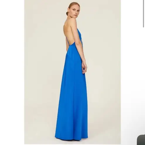 Aidan Mattox Azure Blue V-Neck Satin Halter Bias Draped Gown Dress