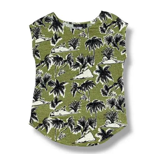 Tahari Tropical Island Print Linen Knit Cap Sleeve Tee Shirt Olive Green Small