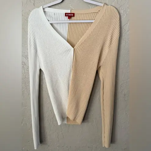 STAUD Ribbed Cream Tan Color Block Long Sleeve Cardigan L Elevated Quiet Luxury White Size L