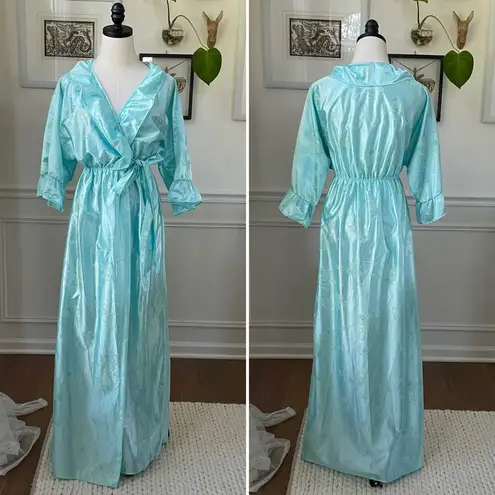 Vintage 80s Preview USA Aqua Satin Ruffle Robe M L Blue Size L
