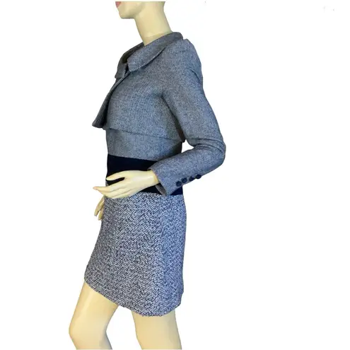 NAVY BLUE WOOL & SILK BLEND W/VELVET TWEED DRESS & BOLERO SUIT SET (36/4)