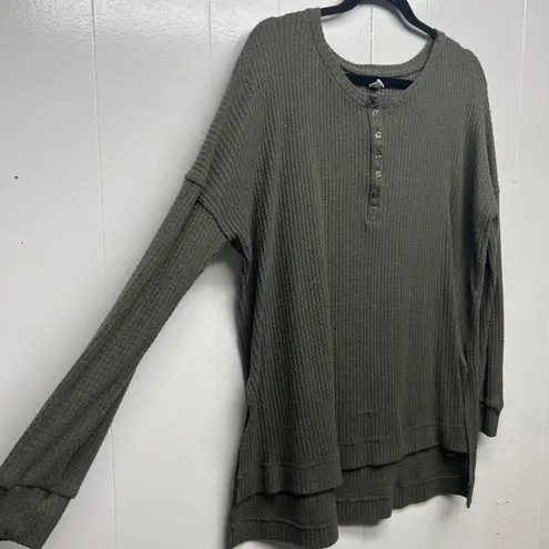 Caslon Henley Waffle Knit Camo Green Women's Thermal Sweater Large Long Sleeve