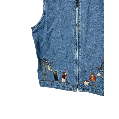 Christopher & Banks Vintage Denim Zipper Vest Bear Bees Embroidery Medium