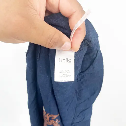 Linjia Shop Womens Boho Embroidered Flare Long Sleeve Cropped Top Size L Navy Blue Size L