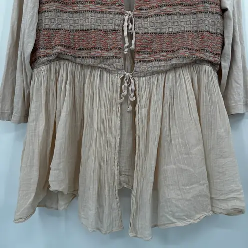 LOGO By Lori Goldstein Embroidered Tunic Top Beige Orange Tie Front Women's L