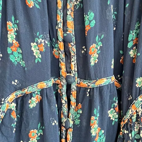 Anthropologie Womens Babydoll PeasantTop Size L Floral Boho Sheer Croppped Blue Size L