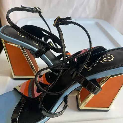 Black and Pink Modern Heels with Geometric Straps Size 8