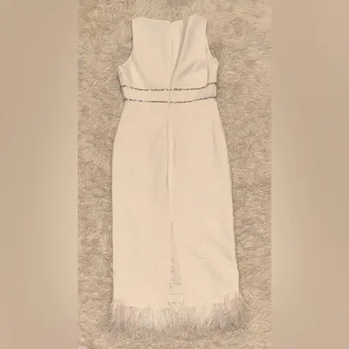 Likely NWOT Corianne Sleeveless White Feather Trim Empire Waist Midi Dress sz 8