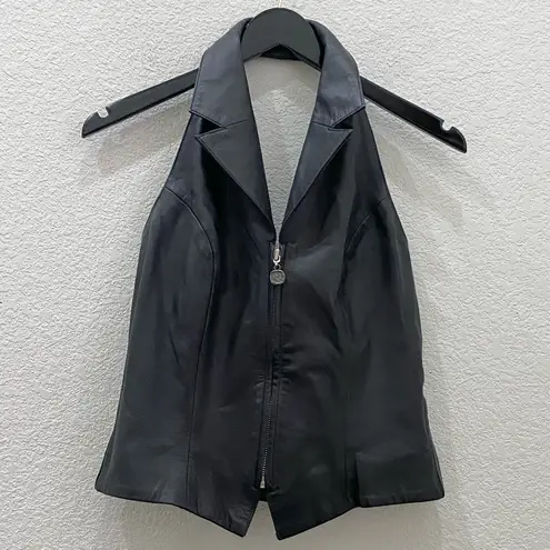 Vintage Y2K ST 100% Leather Halter Backless Black Vest Size 4