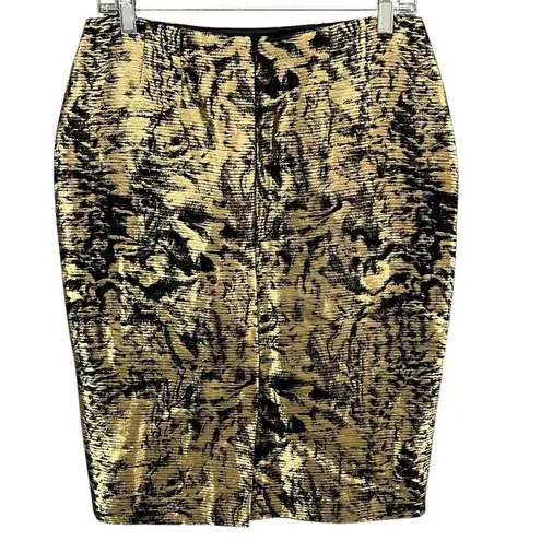Escada Pencil Skirt US 4 Black Gold Linen Silk Blend Brocade Abstract Glamour