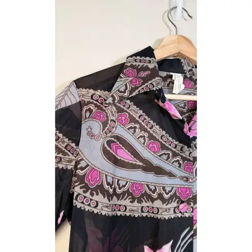 Vintage 70s Women’s Shirt Paisley Gogo Mod Disco Hippie Button Sheer Size Med Pink