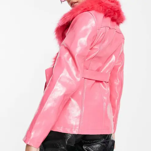 Topshop  vinyl pink jacket with faux fur collar