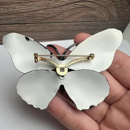 Large Rhinestone Butterfly Insect Enameled Metal Brooch Pin Enamel Black White