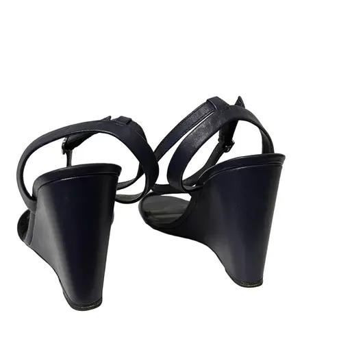 Brooks Brothers Leather Ankle-Strap Open-Toe Wedges Navy Blue Size 8.5