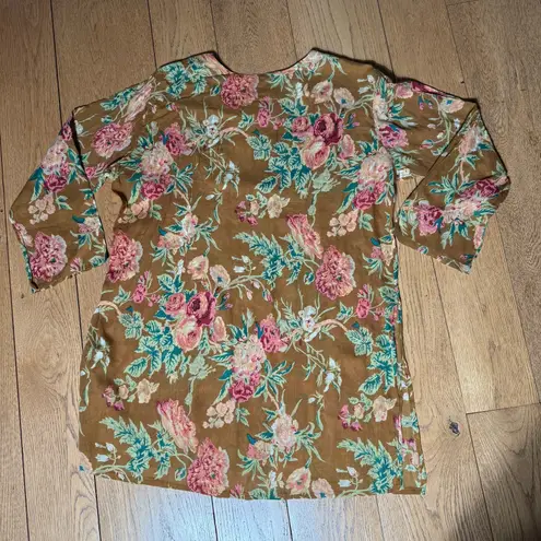 Brown Cotton Floral Tunic Split Neck SZ L XL Boho Hippie Light Weight **READ Size L