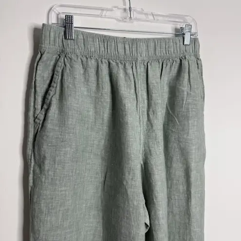 Tahari Women's 100% Linen Cropped Wide Leg Pull On Pants Green Elastic Waist LG - Image 2