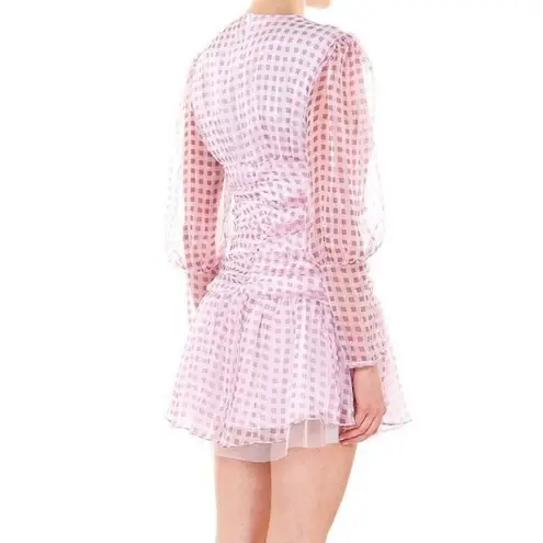 Beulah Style Long Sleeve V-Neck Ruched Gingham Mini Dress Pink Size Large NWT