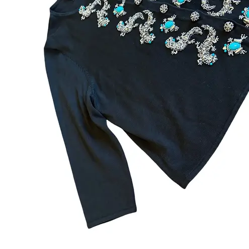Michael Simon Vintage Retro Cardigan Sweater Turquoise Beaded Gecko Frog Large Black