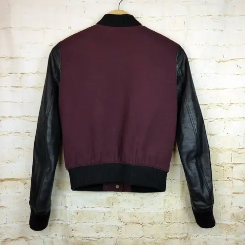 Theory  Varsity Jacket Womens P Burgundy Dex Wool Leather Sleeves Academia Retro